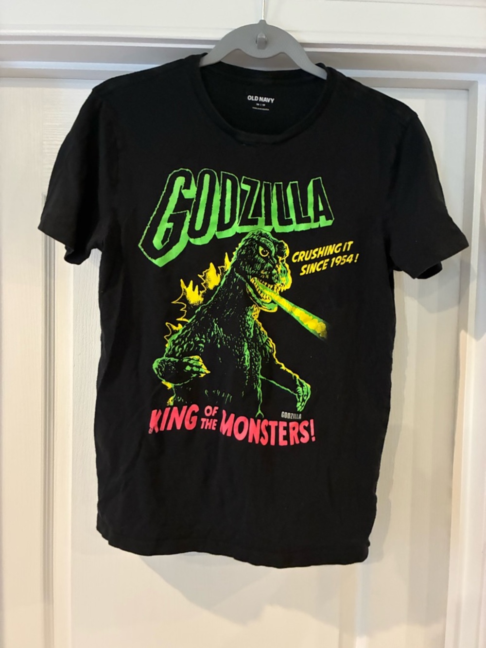 Old Navy Black Godzilla Tee with Neon Green & Pink Print